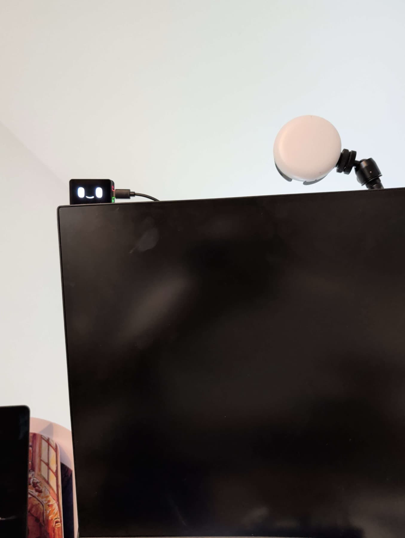 Taby mounted on top of a monitor with a desk lamp nearby.