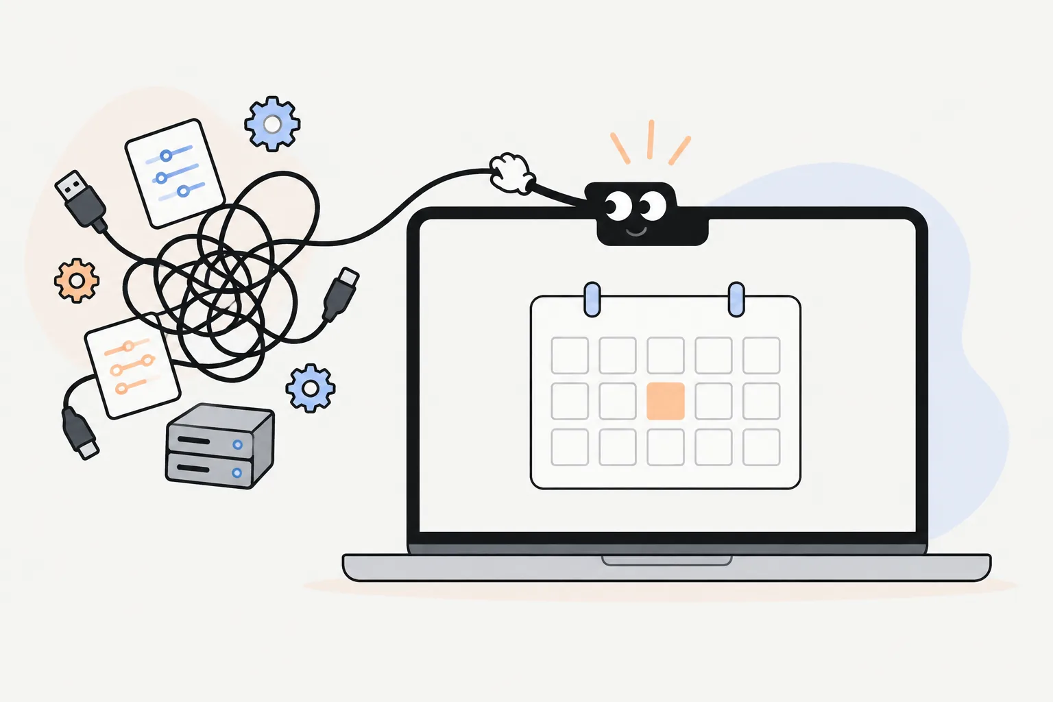 Taby untangling a pile of cables, settings files and a small server next to a laptop showing a calendar