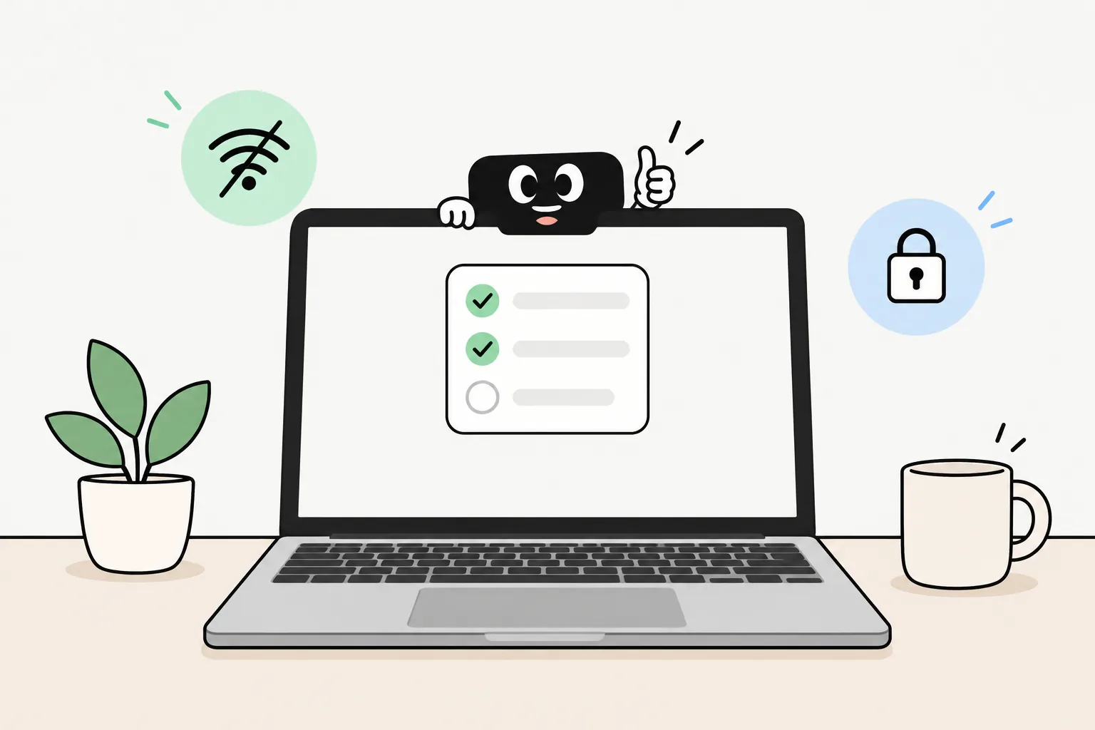 Taby in the notch of a laptop giving a thumbs up, with a to-do list on screen and offline and private badges next to it