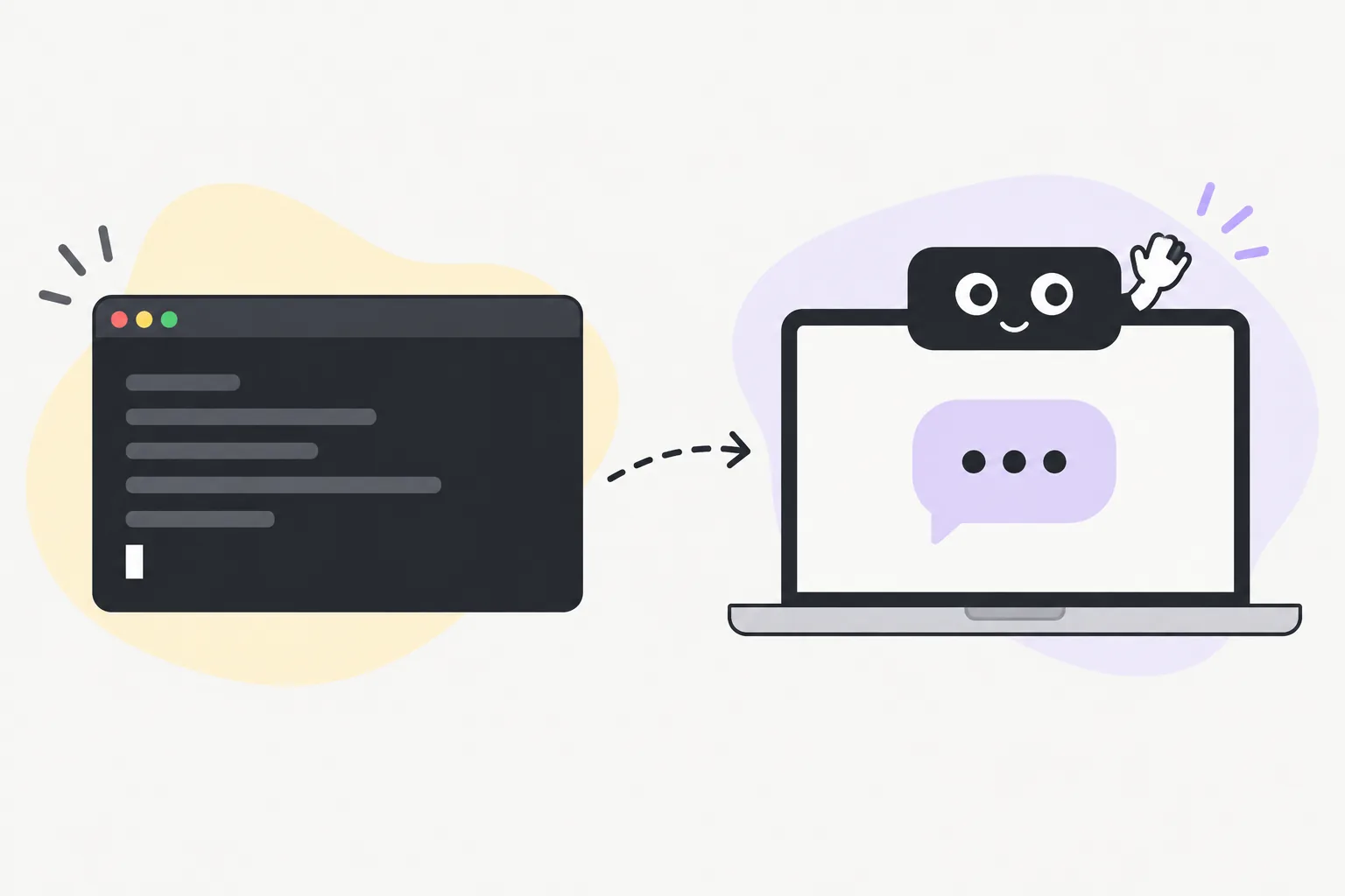 A terminal window next to a laptop with Taby waving from the notch and a chat bubble on screen